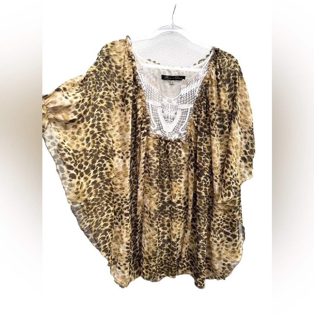 Rose & Olive WOMENS kimono top 1X leopard animal print crochet flowy stretch